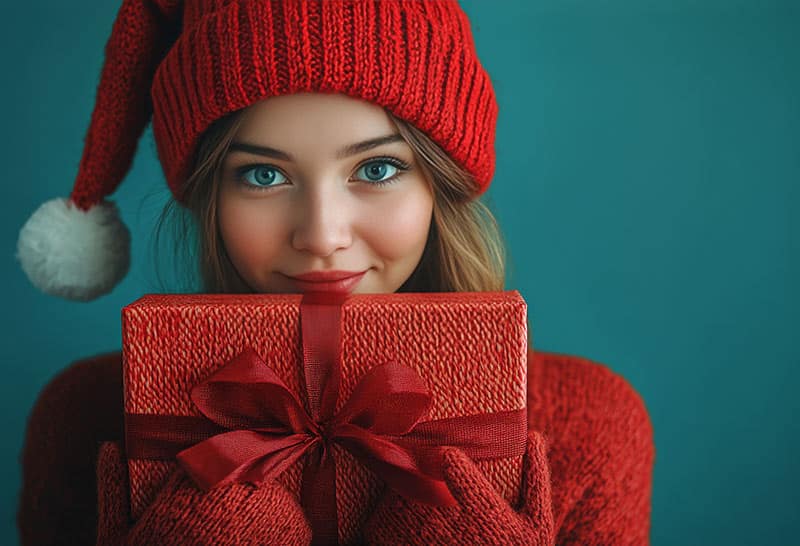 Smiling girl holds a wrapped Christmas present.