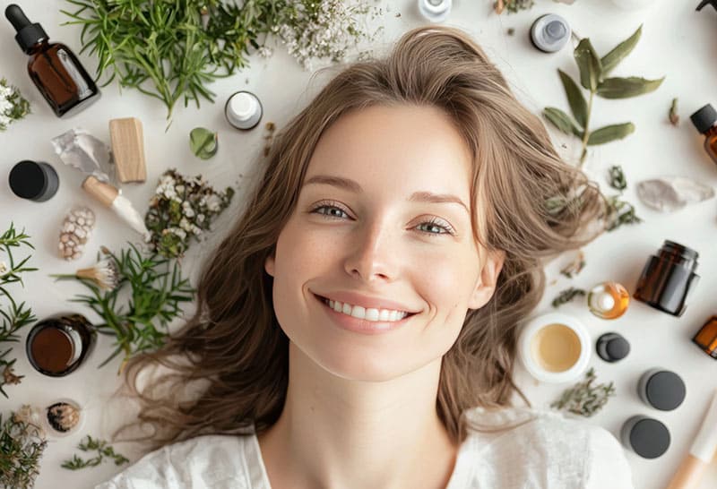 Woman with radiant skin among skincare products